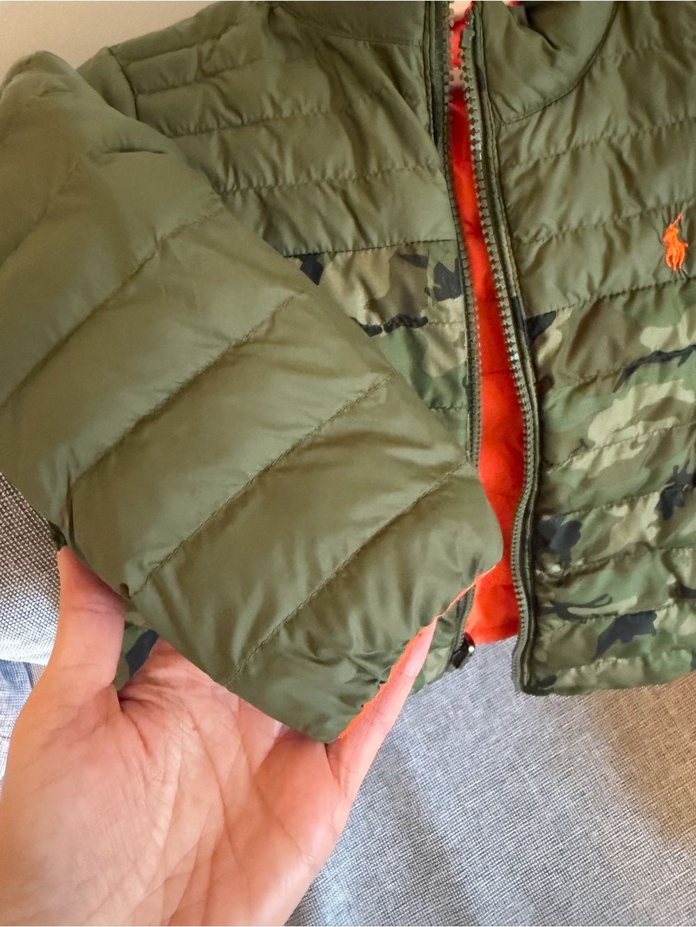 Polo by Ralph Lauren Kids Olive Green Camo Puffer Jacket with Orange Lining